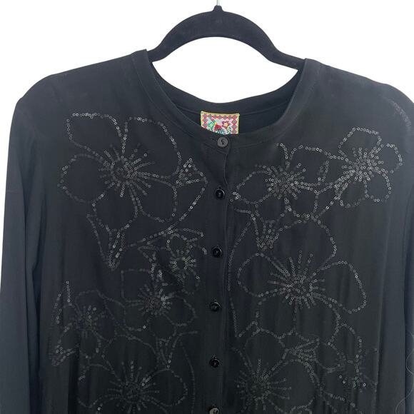 Johnny Was Sequin Floral Print Asymmetric Black Button Up Dress Womens Medium - Picture 4 of 9
